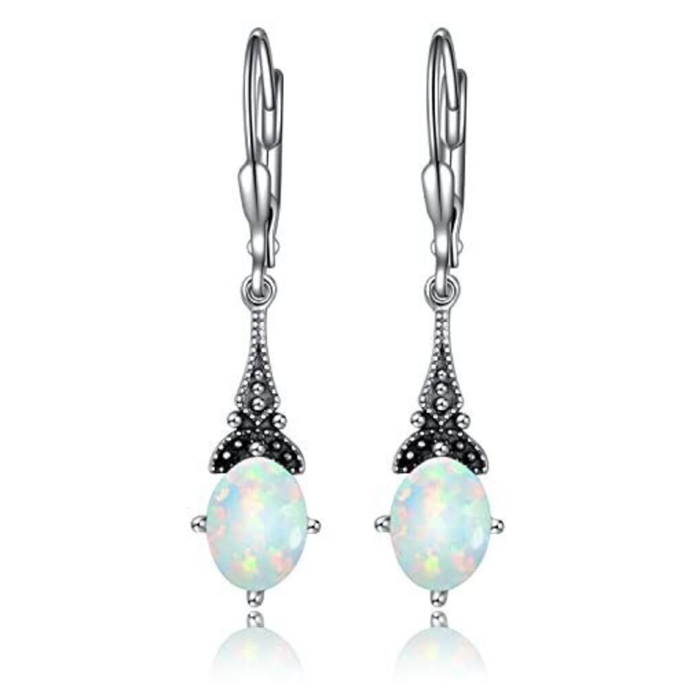 6587 Opal Earrings Sterling Silver Vintage Retro Leverback Earrings